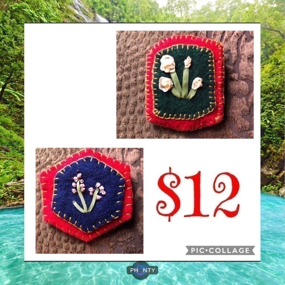 Hand made two brooch floral embroidered felt red green peach